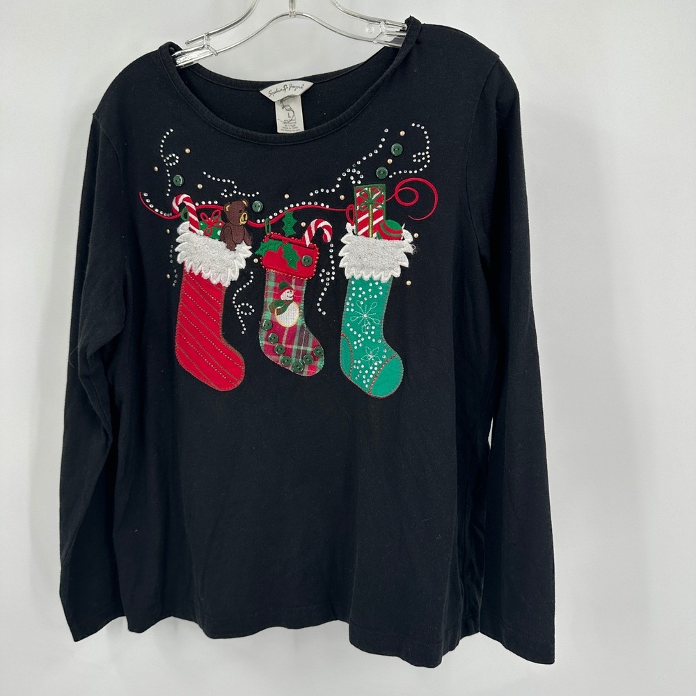 Womens Festive Christmas Top Size L Holiday Party Teacher Stockings Embellished